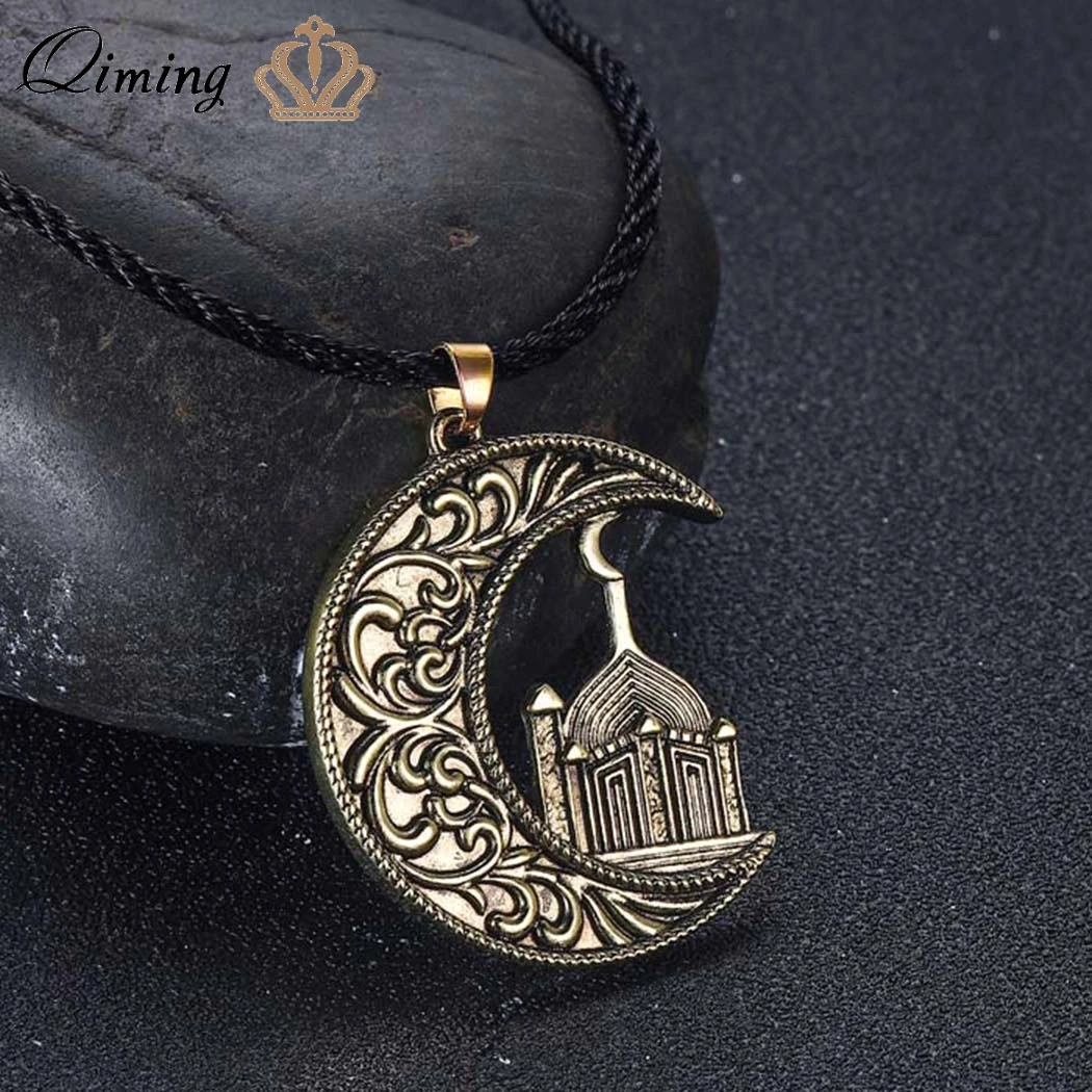 QIMING Crescent Moon Mosque Islamic Necklace For Women Viking Slavic House Vintage Retro Jewelry Pendant Men Necklace