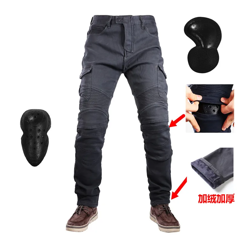 

UGB06 Winter Velvet Motorcycle Leisure Motocross Jeans Multi-pocket Belt Cargo Slim Pants With Obscure Protective Gears Hip Pads