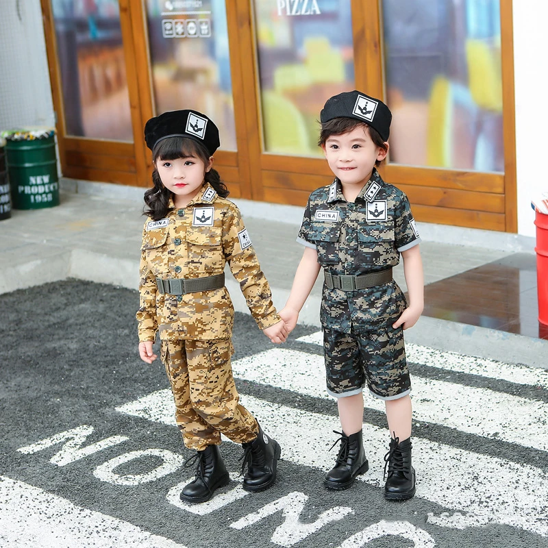 Crianças militares meninos meninas camuflagem trajes de manga curta conjunto halloween carnaval festa cosplay desempenho crianças roupas