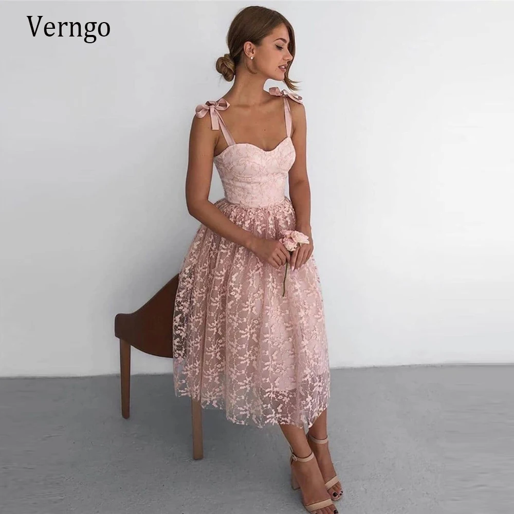 Verngo Pink Lace A Line Short Prom Dresses With Ajustable Ribbon Tie Shoulder Straps Below Knee Length Homecoming Party Gowns