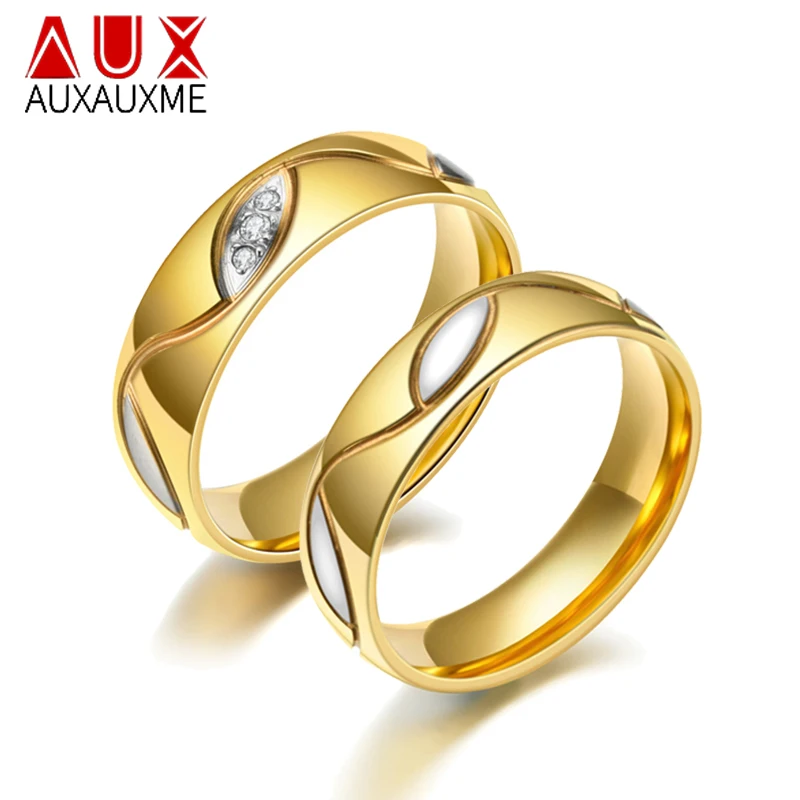 Auxauxme Golden Wedding Rings High Quality Stainless Steel Couple Jewelry for Women Men Zirconic Ring Engagement Gifts