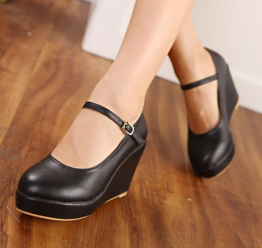 Mary Janes High High Wedges Pu Round Toe Casual Buckle Strap Summer Fashion Shoes Women