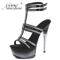 Fashion Rhinestone Style Open Toe 6 inches Sexy Fetish Narrow band Women's Sandals 15cm Super Stiletto heels Party Bancing Trend