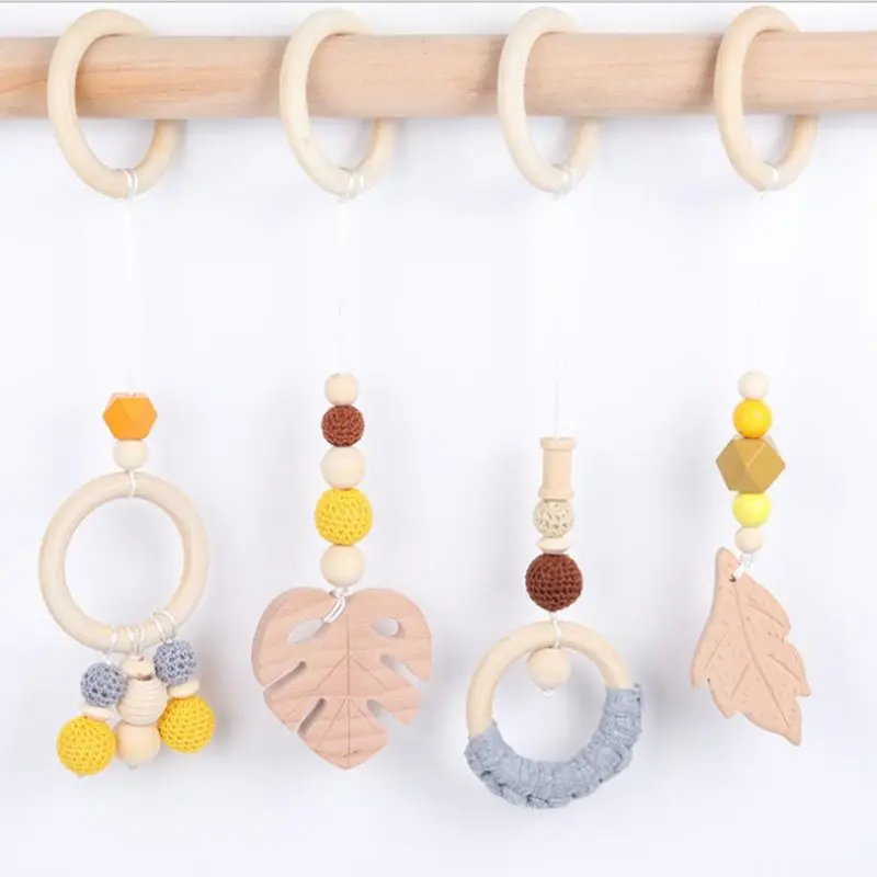 Baby Play Gym Frame Wooden Beech Activity Gym Frame Stroller Hanging Pendants Toys Teether Ring Nursing Rattle Toys Room Decor