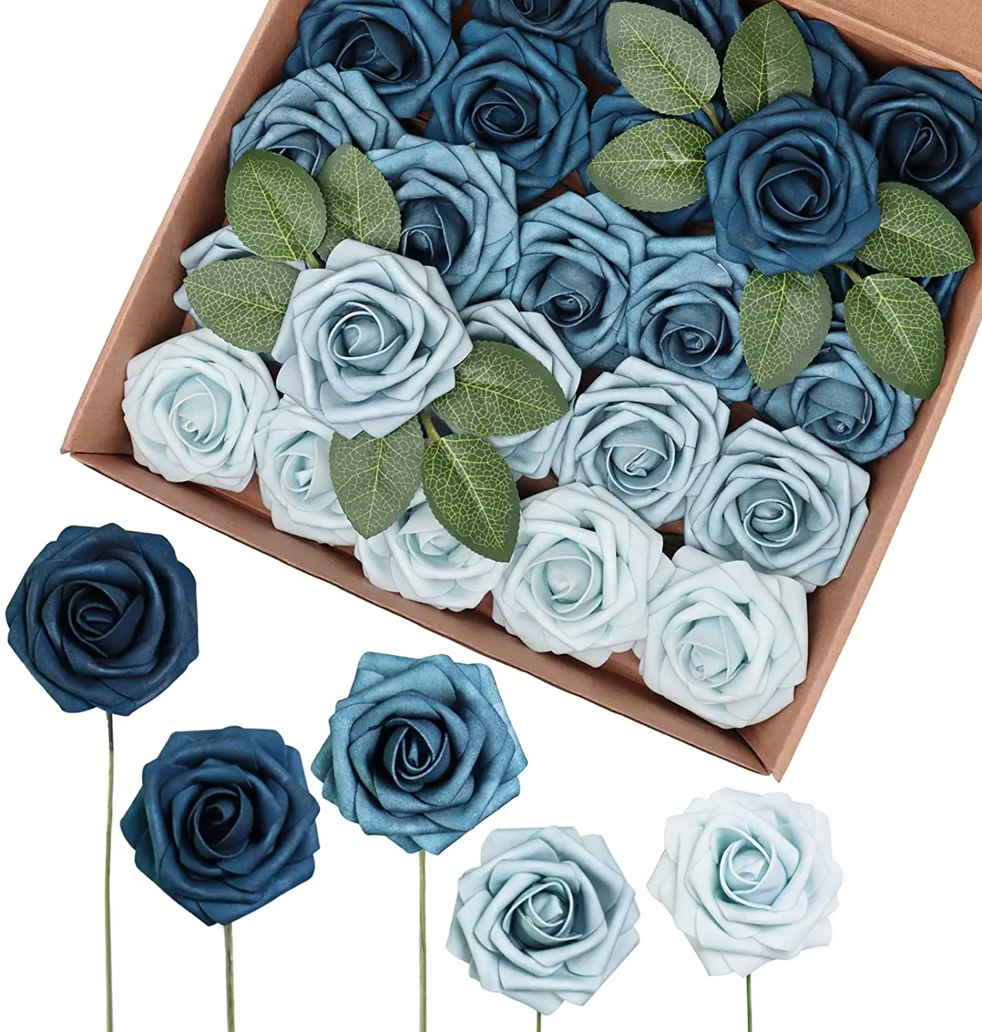 Mefier Home Shades of Blue Artificial Flowers Ombre Colors Roses 5 Tones Fake Roses with Stems for DIY Wedding Party Decorations