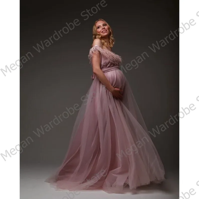 Blush Pink A-Line Draped Maternity Tulle Gowns Women Strapless Long Casual Dress With Feathers For Photo Shoot Plus Size