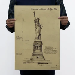 Bar Home Decor Vintage the Statue of Liberty in New York 1886 Design Drawings Poster Retro Kraft Paper 51x35cm Wall Sticker