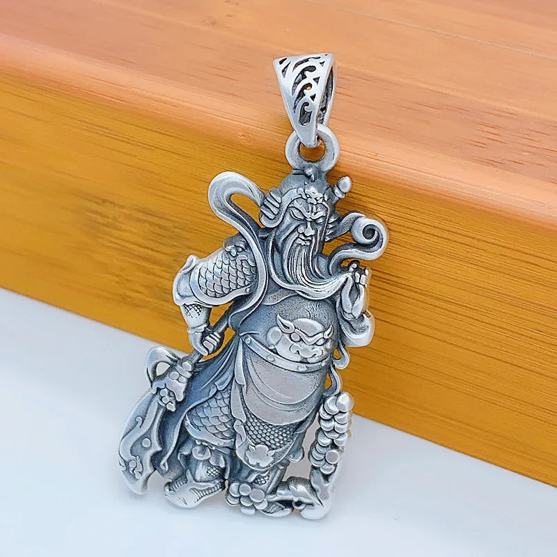 100%S999 Sterling Silver Pendant Guangong God Of Wealth Domineering Fashion Pure Argentum Patron Saint Amulet