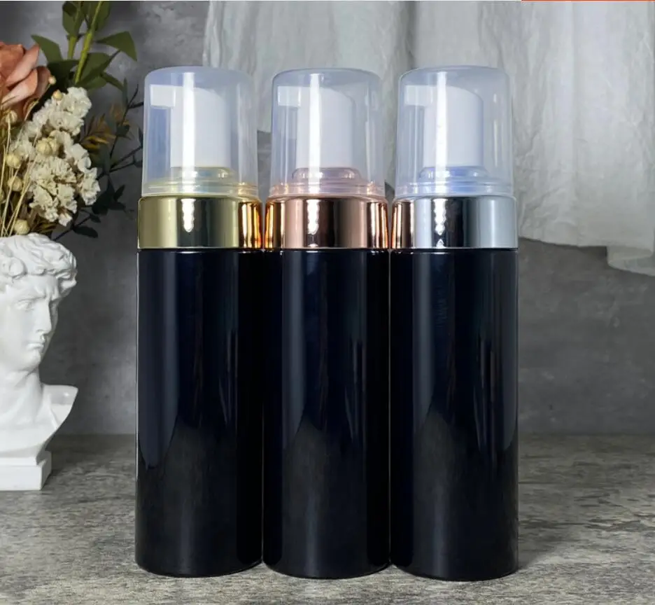 

100ML/120ML/150ML/200ML black plastic bottle gold silver foaming facial mousse cleanser hand cleaning soap skin care packing