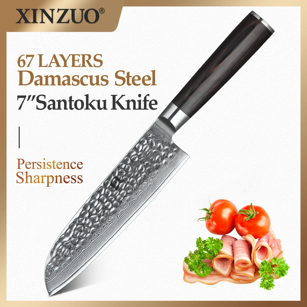 

XINZUO 7" Inch Santoku Knife VG10 Damascus Japanese Steel Kitchen Chef Cook Knives Pakkawood Handle Handmade Lasting Sharp Blade