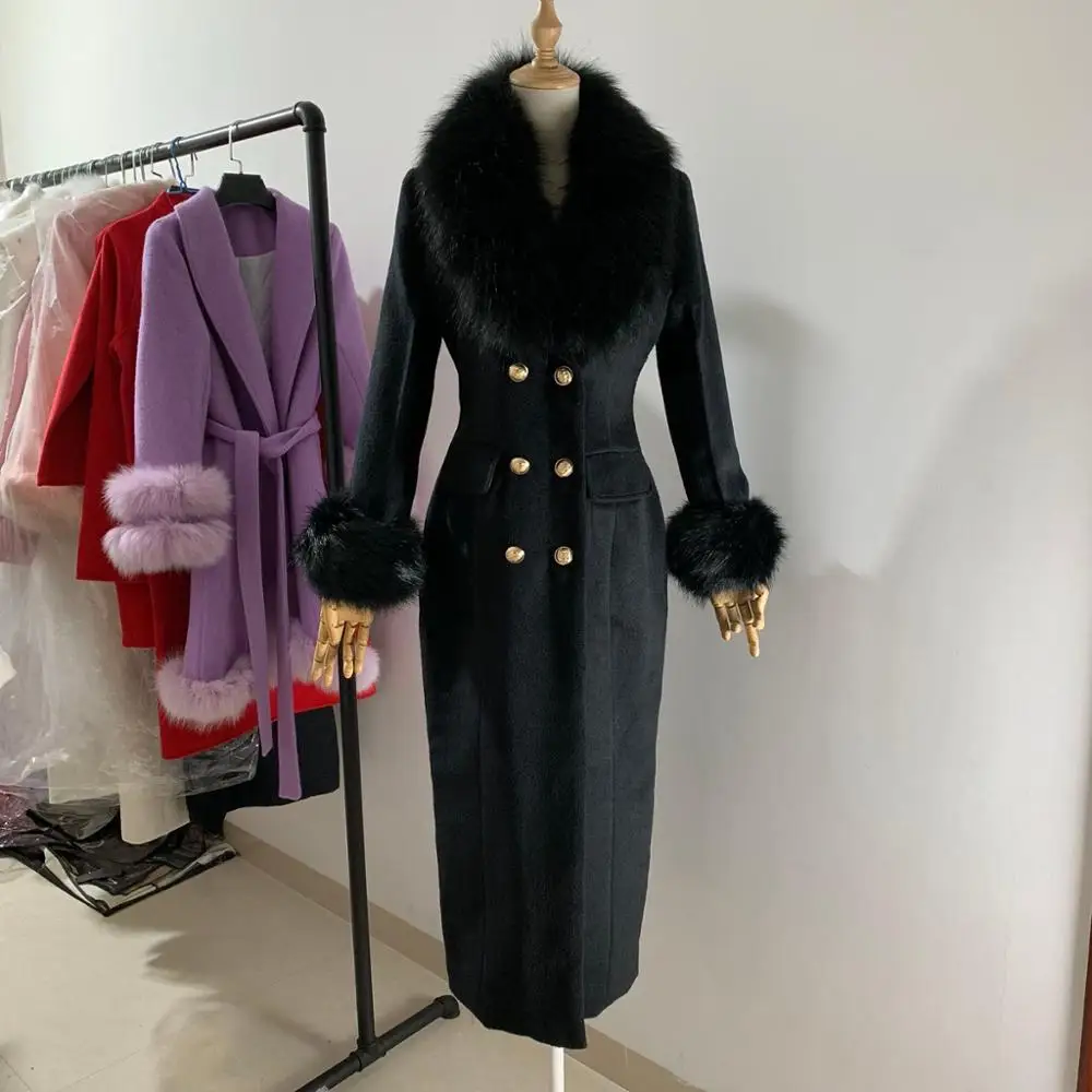 Inverno moda donna cappotto di lana alta imitazione grande collo di pelliccia di volpe cappotto di cashmere nero femminile doppio petto slim outwear