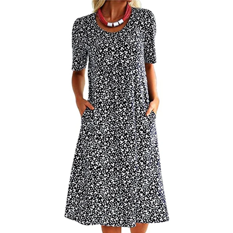 Nieuwe Casual Jurk Vrouwen Bloemenprint Jurken Maxi O-hals Zak Korte Mouw Vakantie Boheemse Jurk 5XL