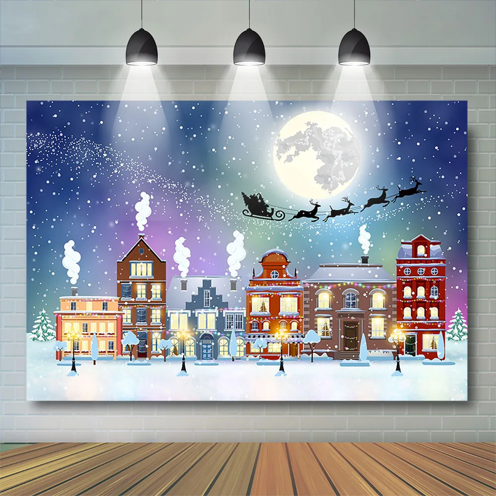 

Winter snow Street Moon Background Winter Sunshine Fantasy Backdrop Decoration Reindeer Photography Photocall