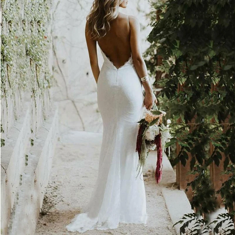 Vestidos de novia de sirena sin espalda sexy Escote en V profundo Correas espaguetis Vestidos de novia Blanco Marfil Barato Playa Formal 2025 Personalizado