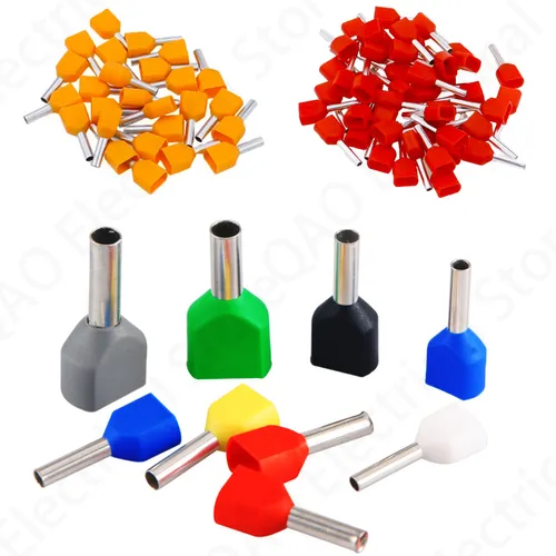 100 Uds TE0508 TE1508 TE7508 doble tubo doble cable eléctrico casquillos aislados engarzado C bloque conector terminador