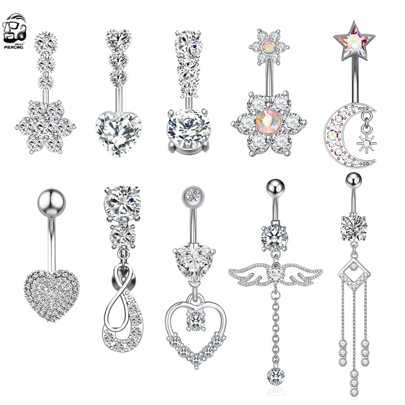 1pc Reversed Barbell Belly Piercing Umbigo 14G Surgical Steel Crystal CZs Belly Button Ring Heart Flower Moon Shape Body Jewelry