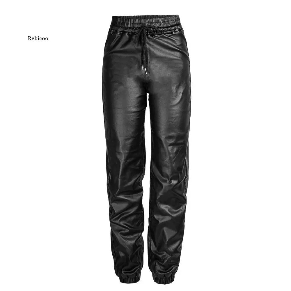 Faux Leather Pants Women  Elastic Tie Waist Trousers Autumn Winter Thick Pu Pants Black