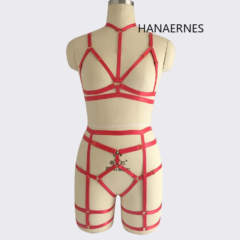 HANAERNESสีแดงCupless Cage Braletteปรับด้านล่างกางเกงCrop Topชุดชั้นในBondageชุดFetish Wearเต้นรำBodysuit