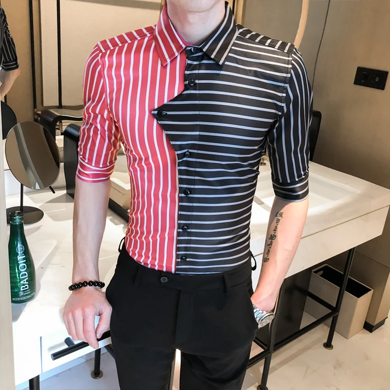 

Striped Men Personality Shirt 2020 Summer Casual Slim Fit Short Sleeve Shirts Men Dress Streetwear Social Nightclub Party Blusa