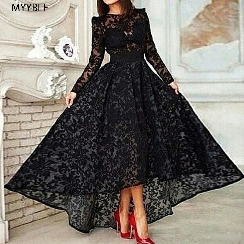 Customized Black Muslim Evening Dresses A-line Long Sleeves Tea Length Lace Islamic Dubai Saudi Arabic Long Elegant Evening Gown