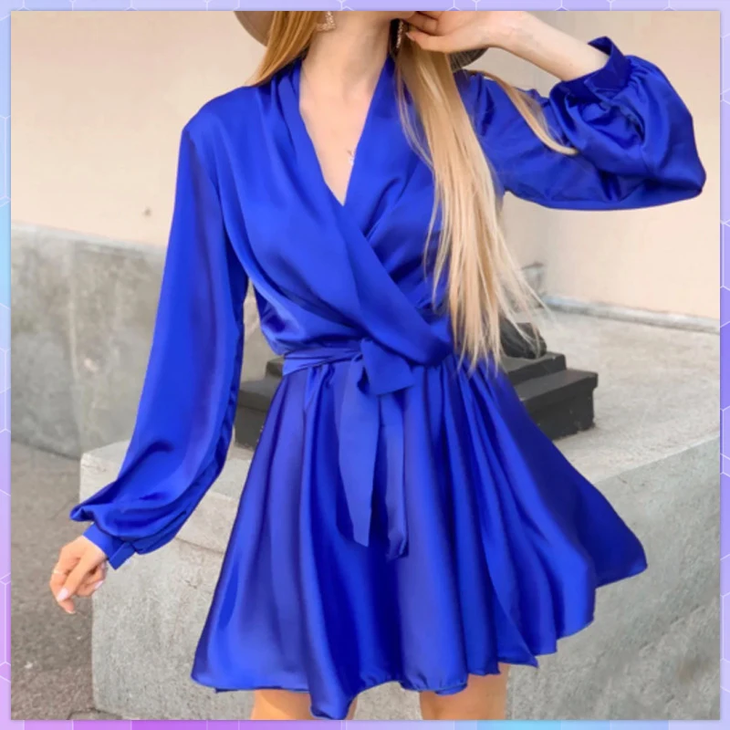 Sexy Satin Sashes Women's Dress A Line Lantern Sleeve Elegant Party Female Mini Dresses Clothing Streetwear Vestidos Autumn