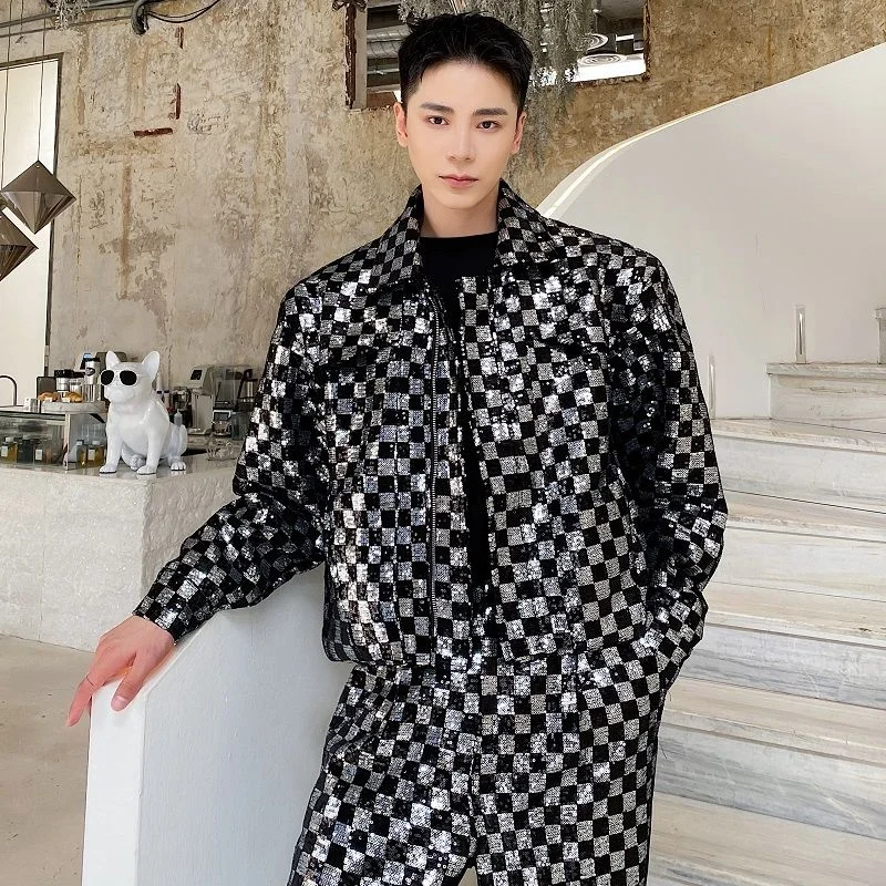 IEFB Sequin Embroidered Plaid Short Men\'s Jacket Chic Design Lapel Zipped Short Coat 2023 New Autumn Oversized Clothing 9Y9983