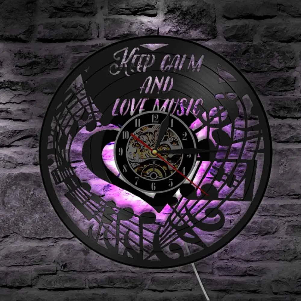 

Keep Calm and Love Music Vinyl Record Wall Clock Music Notes Treble Bass Clef Stave Wall Light Music Studio Wall Art Decoration