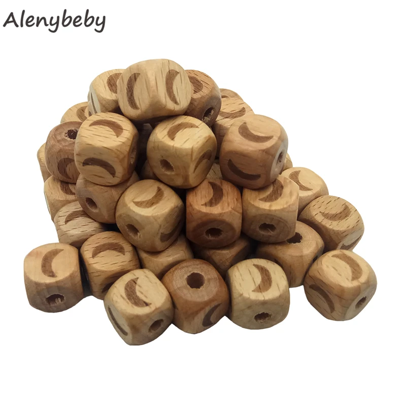 

Square Wood Moon Beads Teether 12MM Natural Beech Wooden Laser Printing Beads For Jewelry Toys Making DIY Baby Teething Necklace