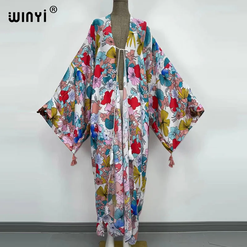 Kimono Dress Kaftan Bikini cover-up swimwear America Women clothes Coat African Floral Printed Front Open Traf Robe Muslim