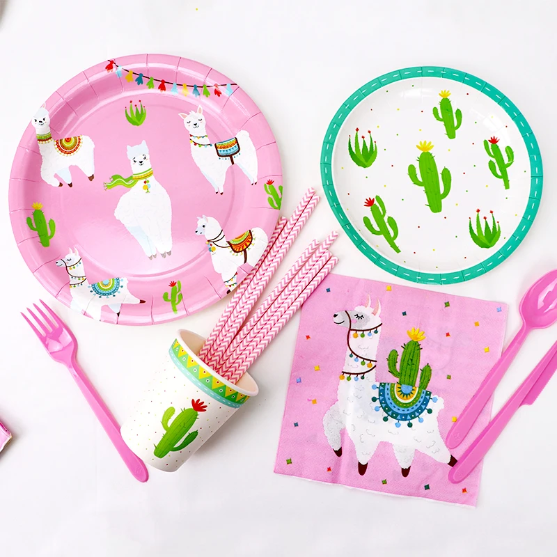 Llama Party Disposable Tableware Cartoon Cactus Alpaca Paper Plates Cups Kids Birthday Party Decoration Baby Shower Supplies - view 2