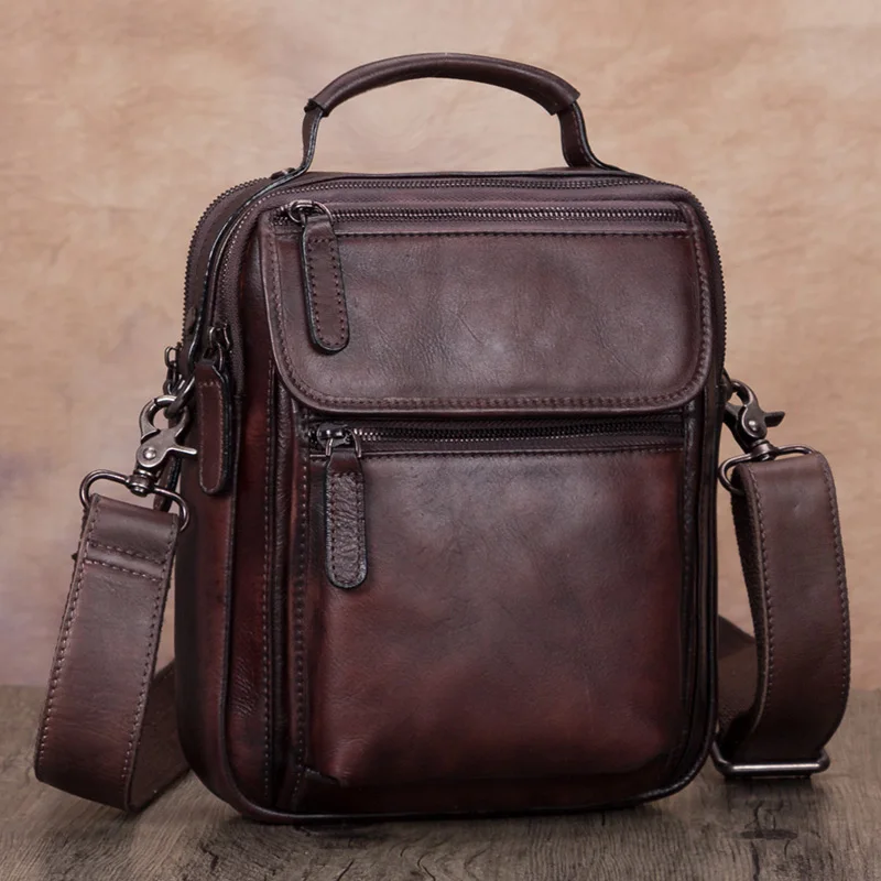 Imagem -03 - Retro Bolsa de Couro Genuíno dos Homens de Negócios Artesanal Ombro Mensageiro Bolsa Masculino Pequenas Bolsas Crossbody Bolsas Primeira Camada