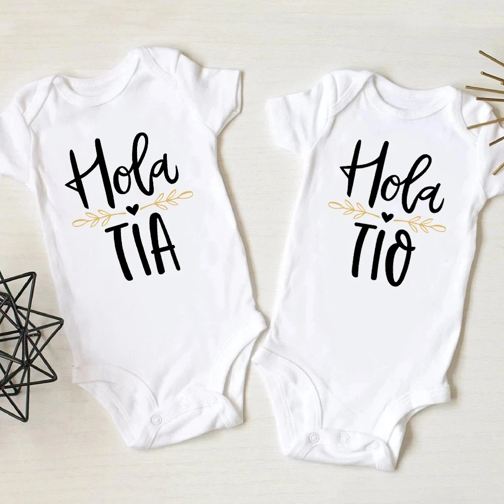 Hola Tio Tia Pregnancy Announcement Baby Bodysuits Jumpsuit Infant Clothing Casual Overalls Pregnancy Gift for New Aunt Uncle