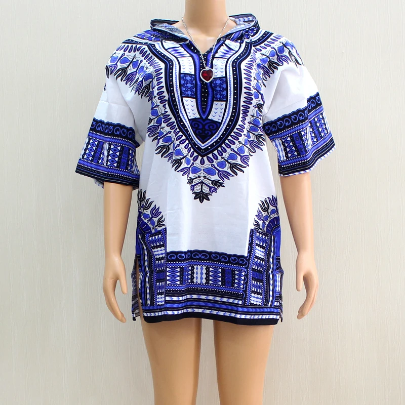 

Dashiki African V-Neck White Blue Short Sleeve Pockets Indie Folk 2019 New Design Cotton