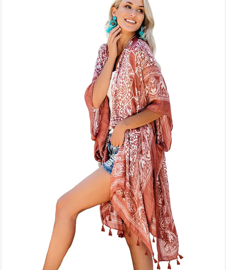 TEELYNN z etnicznym kwiatowym nadrukiem długa bluzka boho bikini na plażę coverup damska suknia fringe tunika letni kardigan swim kimono cover up