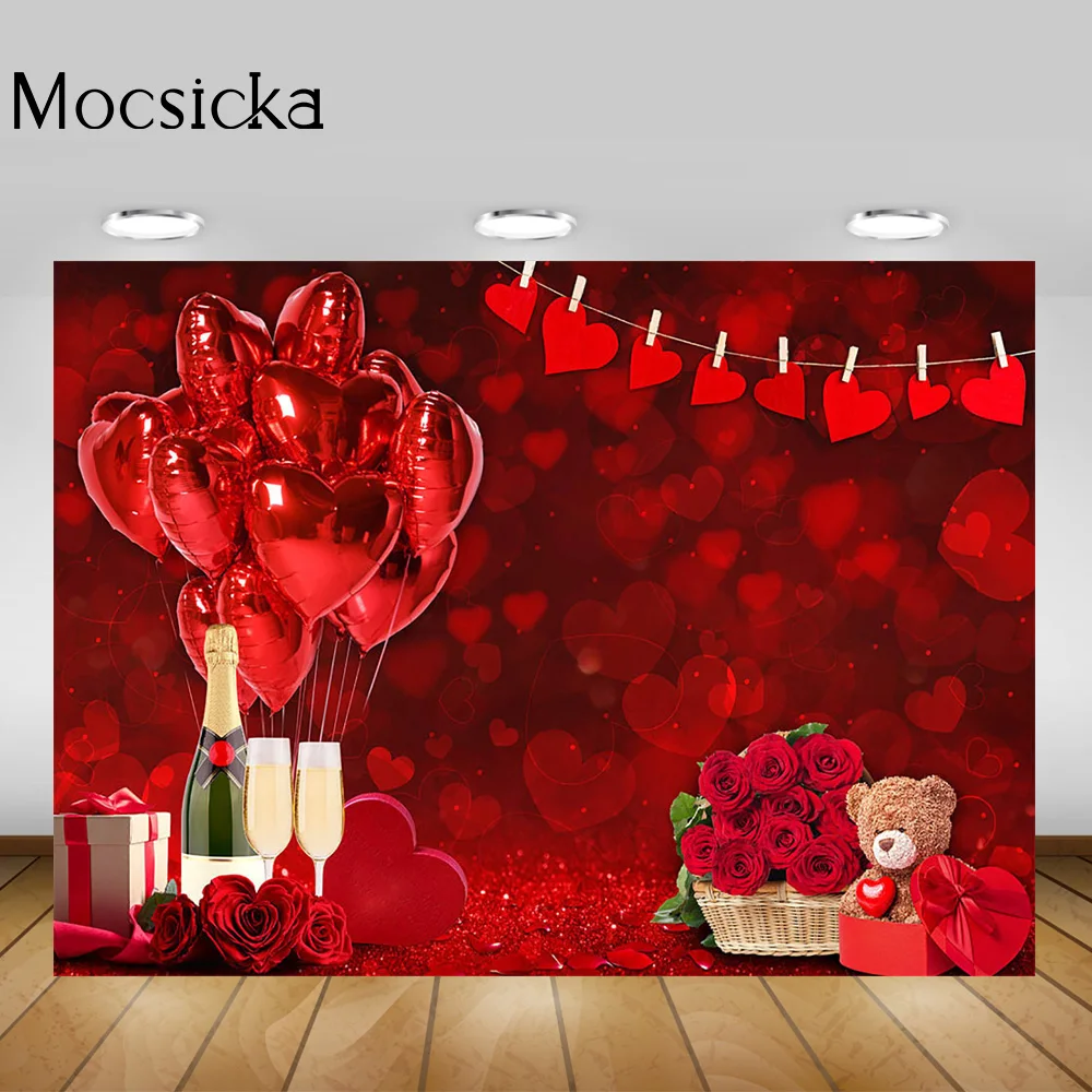 Red Bokeh Valentine's Day Backdrop Rose Love Balloons Bear Toys Portrait Photography Gift Champagne Wedding Background Photocall