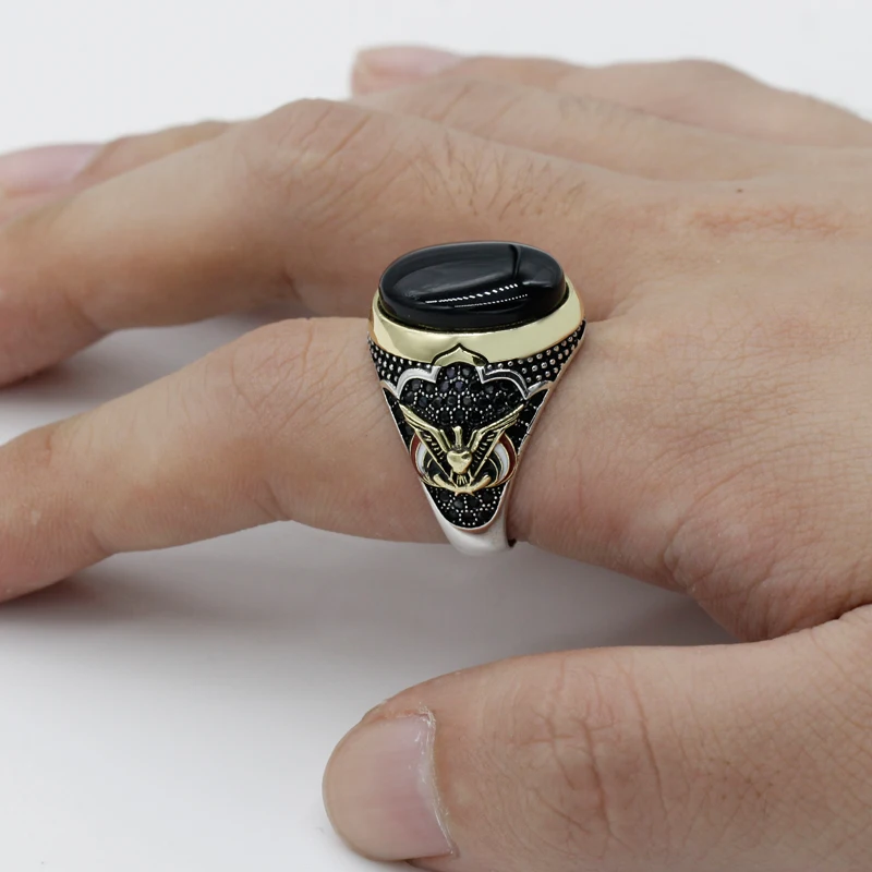 925 Sterling Silver for Men Ring with Oval Black Natural Onyx Stone Ring Peace Symbol for Male Thai Silver Turkish Jewelry