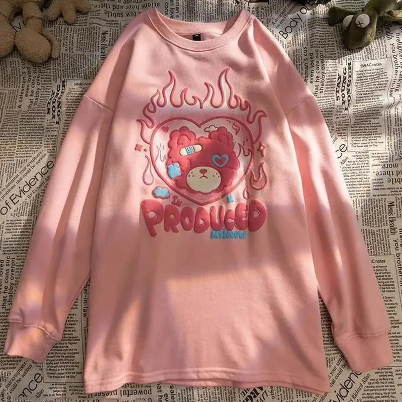 Flame Bear Print Crewneck Sweatshirt Women Winter Velvet Thick Cute Hoodies Oversized Lovely Pink Long Sleeve Tops Girls Loose