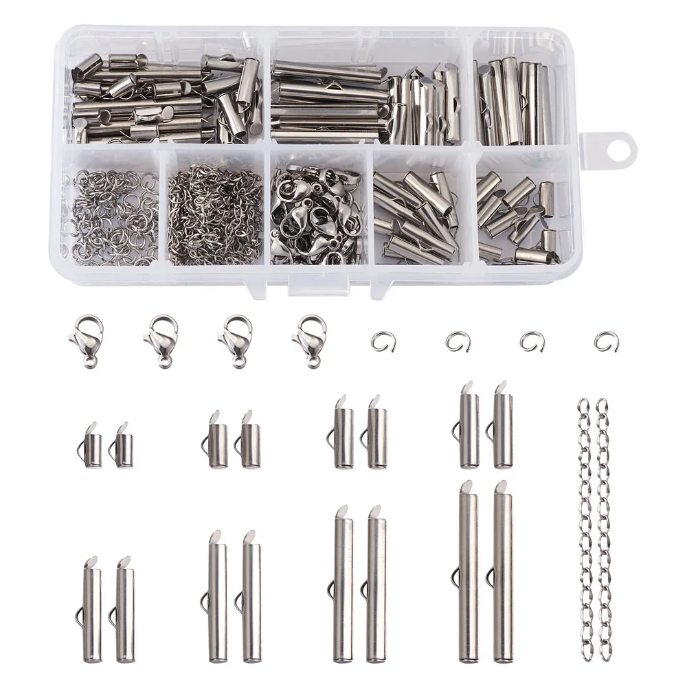 

260pcs/box 304 Stainless Steel Slide On End Clasp Tubes & Open Jump Rings & Lobster Claw Clasps & Chain Extender Accessories