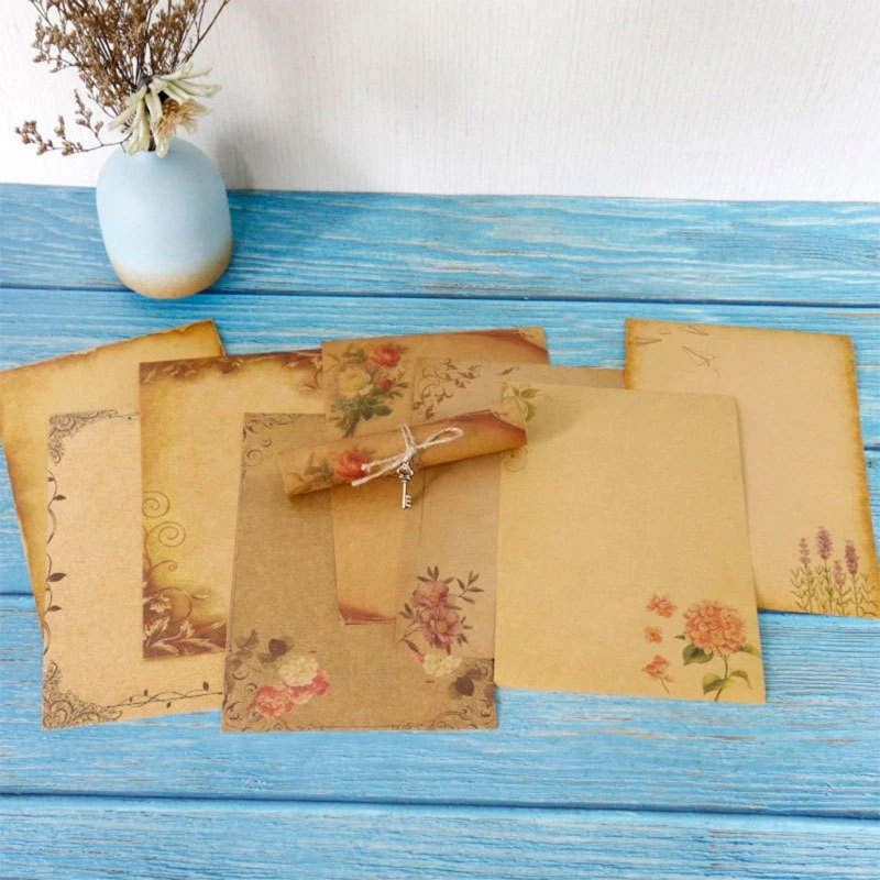 A5 Stationary Paper Pack of 8 Parchment Antique Colored Printed Paper Stationery Vintage Letter Writting Paper for Craft