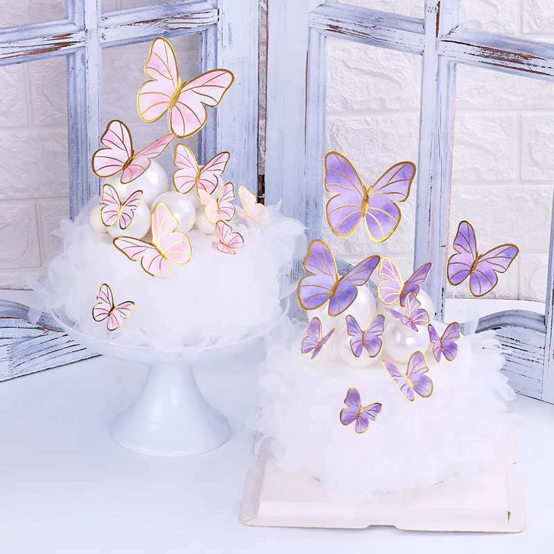 Cake Topper Butterfly Pink Purple Blue Happy Birthday Decoration Wedding Bride Party Baby Shower Cupcake Baking Decor DIY Flag