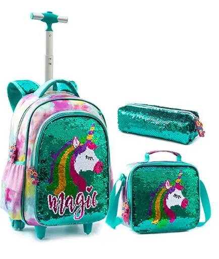 Schoolbag with wheels set lunch bag pen bag Sequins School Rolling bag wheeled backpack Student trolley backpack Bag for girls