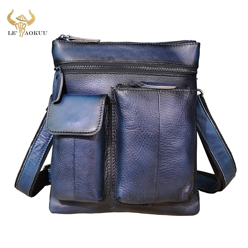 Real Leather Male Casual Design School Fashion Blue Messenger Crossbody bag Fashion School Book Tablet Satchel bag Men 308