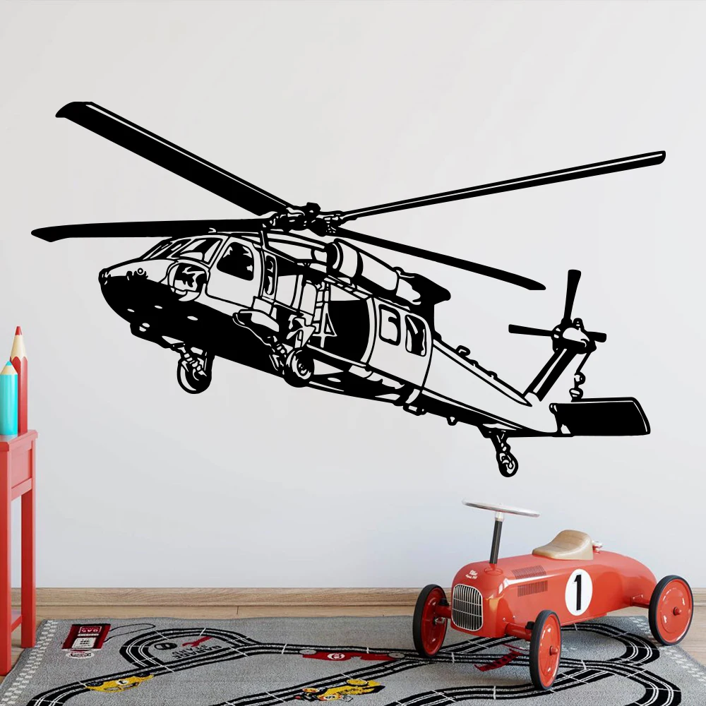 Modern Black Hawk Helicopter Wall Sticker Playroom Boy Room Army Mili Tary Airplane Biplane Wall Decal Bedroom Vinyl Home Decor