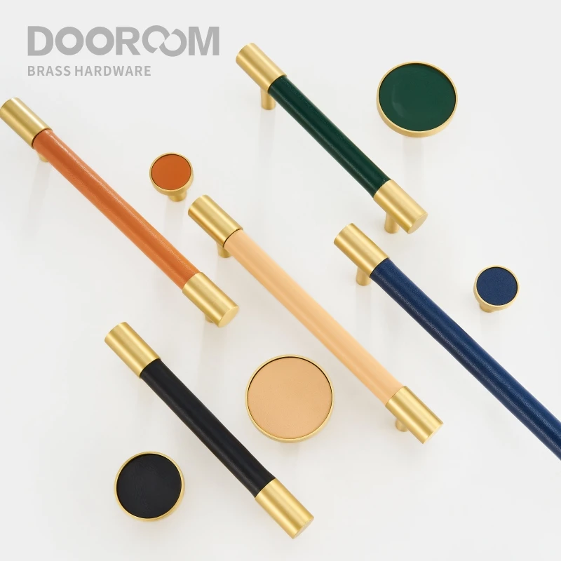 Dooroom Brass Furniture Handles Real Leather Nordic Simple Pulls Cupboard Wardrobe Dresser Shoe Box Drawer Wine Bar Cabinet Knob