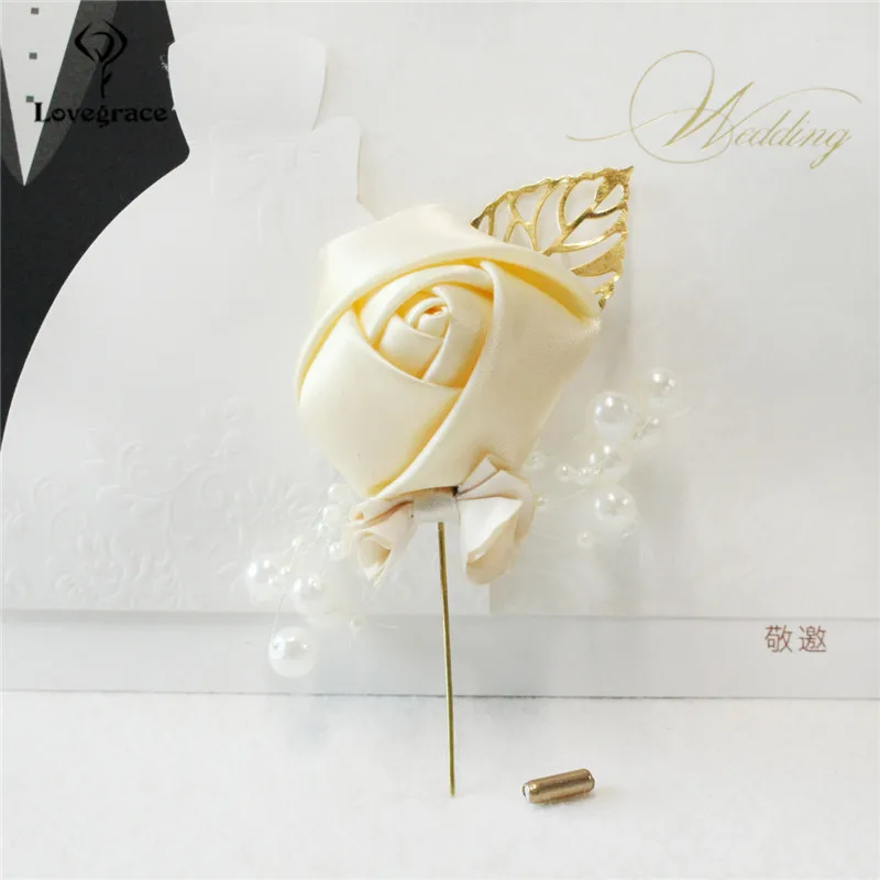 Lovegrace Brooch Pins Men Wedding Corsage Silk Rose Boutonniere Fake Pearl Meeting Party Prom Decor Girl Bridegroom Boutonniere