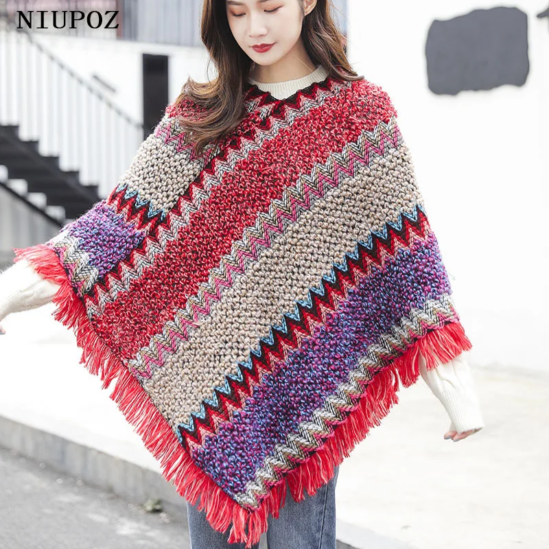 Ethnic Poncho Bohemian Style Winter Fashion Warm Brand Tassel Scarf Knitted Shawl For Women Foulard Pashmina