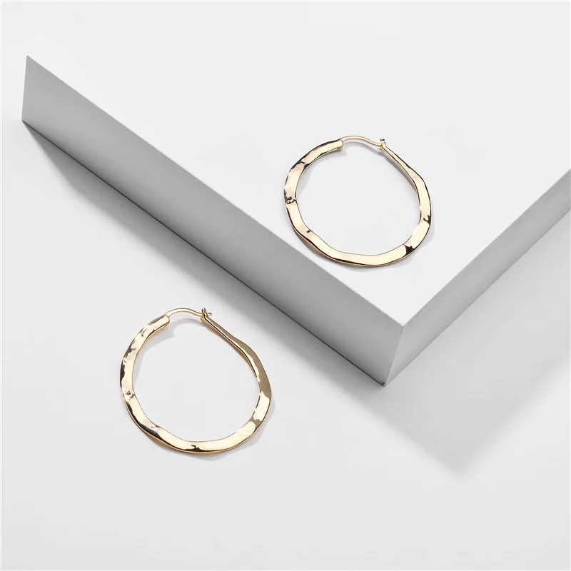 Gold Silver Color Hammered Surface Oval Round Big Hoop Earring Copper Brass Statement Earrings for Women