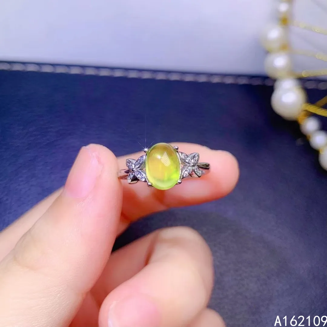 

Fine Jewelry 925 Sterling Silver Inset With Natural Gems Women's Luxury Classic Oval Simple Prehnite Adjustable Ring Support Det