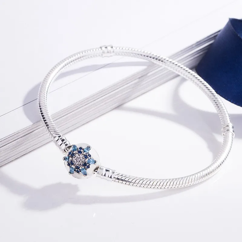 925 Sterling Silver Crystalized Snowflake Snake Chain Basic Bangle Bracelet Fit Women Bead Charm pandora Jewelry