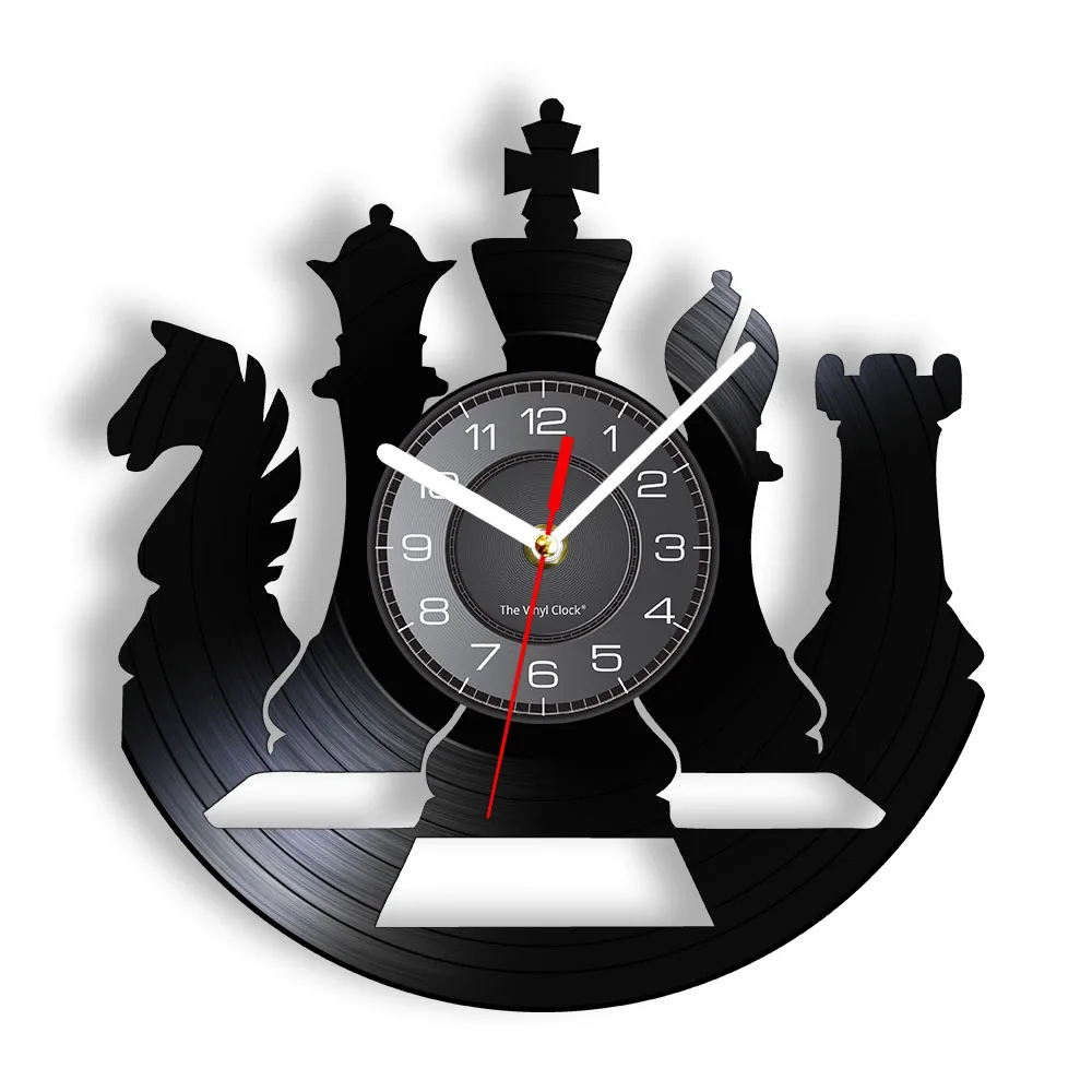 International Chess Board Game Vinyl Gramophone Record Wall Clock Set Playroom Decor Knight King Queen Vinyl Disk Craft Clock